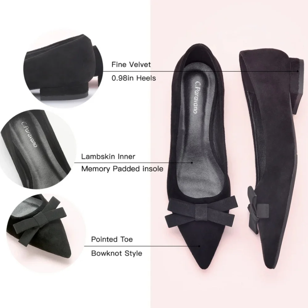 C. Paravano BowKnot Suede Flats (Aida) Black Size 37 (US Size 6.5)